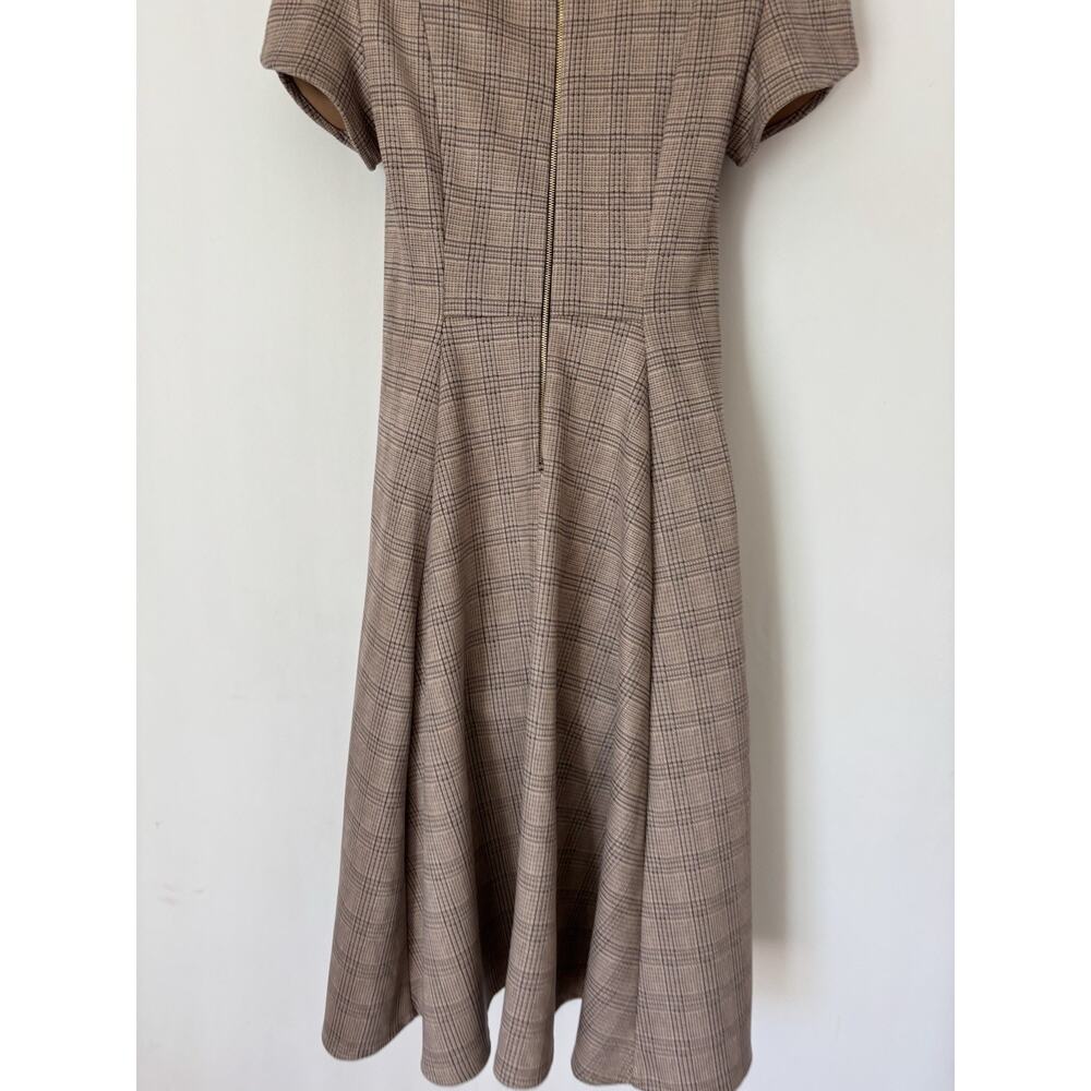 Vtg Calvin Klein Dress 4 Knee Fit & Flare Plaid Check Brown Soft Puff Sleeve - Picture 6 of 14